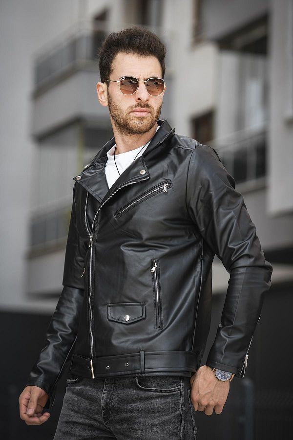 Oksit Castries Men s Slim Fit Leather Jacket Side Zipper and Belt Trendyol