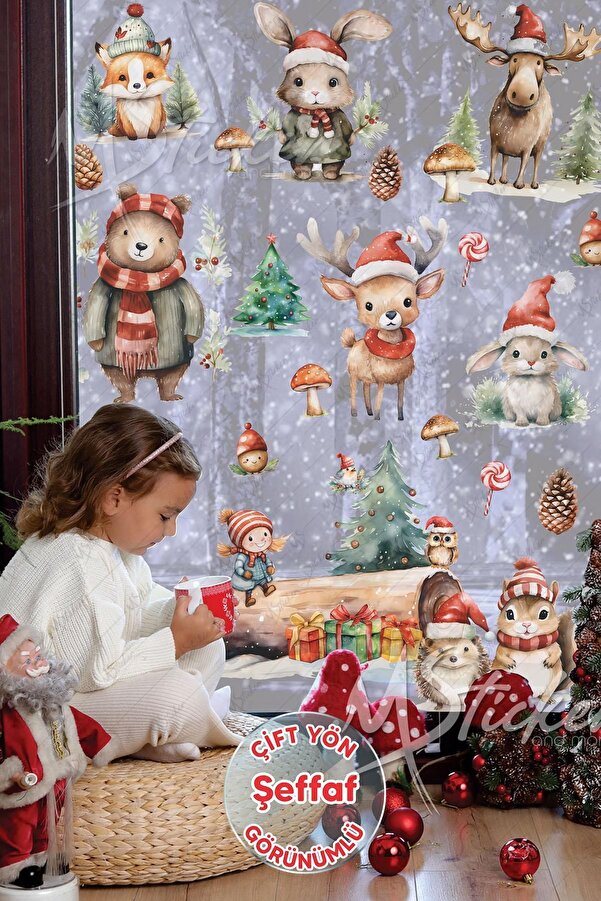 MSticker Karlı Orman ŞEFFAF Kış Konseptli Yeni Yıl Cam Duvar Sticker Seti, Sevimli Hayvanlar Yılbaşı Sticker