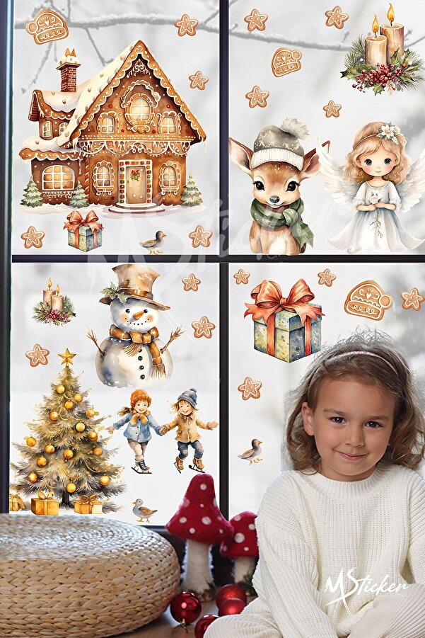 MSticker Yeni Yıl Masalı, Sevimli Yılbaşı Figürleri Sticker Seti, Kış Yılbaşı Süsü Sticker Cam Duvar Sticker