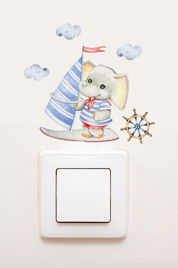 MSticker Çocuk Odası Duvar Priz Sticker Mini Boy Sticker - Tüm Yüzeylere Yapışan Mini Sticker Kaptan Fil