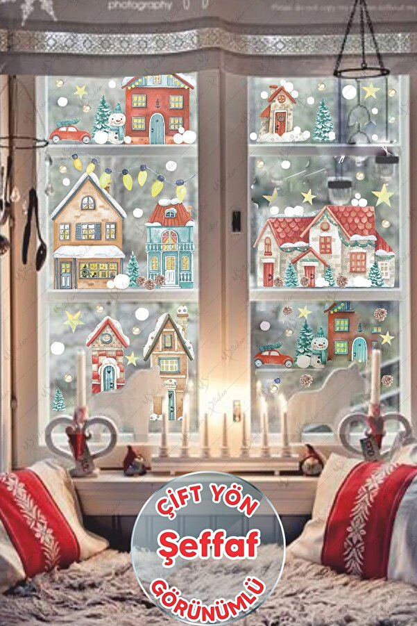 MSticker Yılbaşı Şeffaf Karlı Şehir Yeni Yıl Çocuk Bebek Odası Sticker Seti  Çift Yön Görünümlü