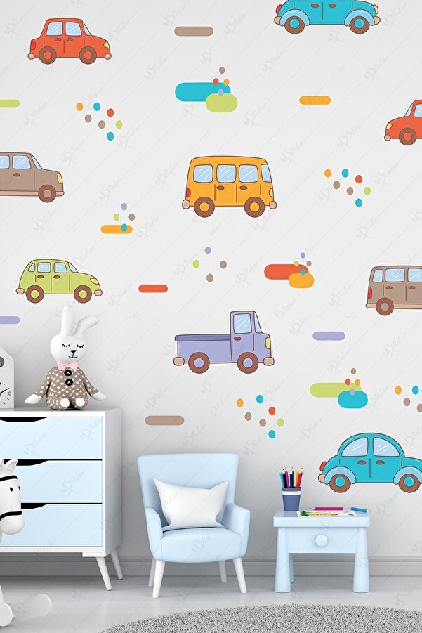 MSticker Arabalar Çocuk Odası Sticker Seti - Çocuk Bebek Odası Arabalar Ve Puantiyeler Sticker