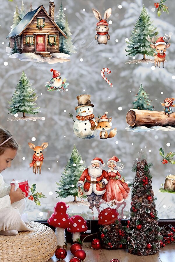 MSticker Yılbaşı Temalı, Kış Konseptli Karlı Soft Renklerde Sticker Seti, Yeni Yıl Süsleme Sticker Seti