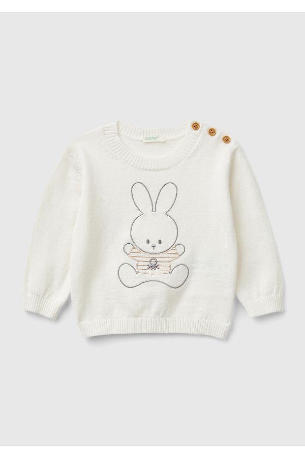United Colors of Benetton White Rabbit Embroidered Baby Sweater Crew Neck Shoulder Buttoned Trendyol