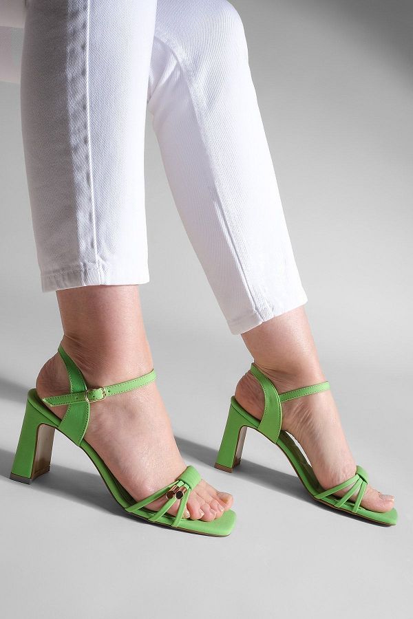 Marjin Women s Heeled Shoes Ankle Strap Blunt Toe Thick Heel Sandals Green Trendyol
