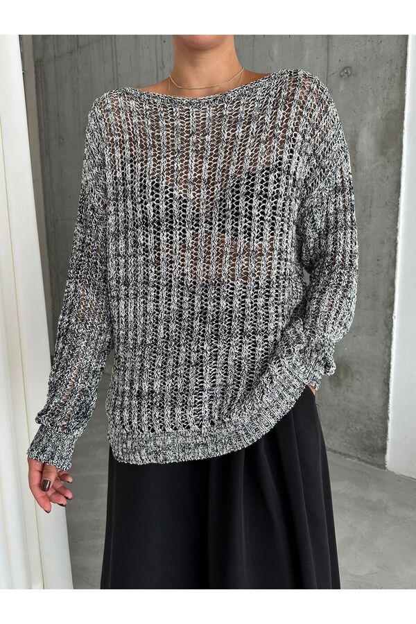 Laluvia-Schwarz-ecrufarbener Spitzen-Paillettenpullover mit U-Boot-Ausschnitt-4407 1