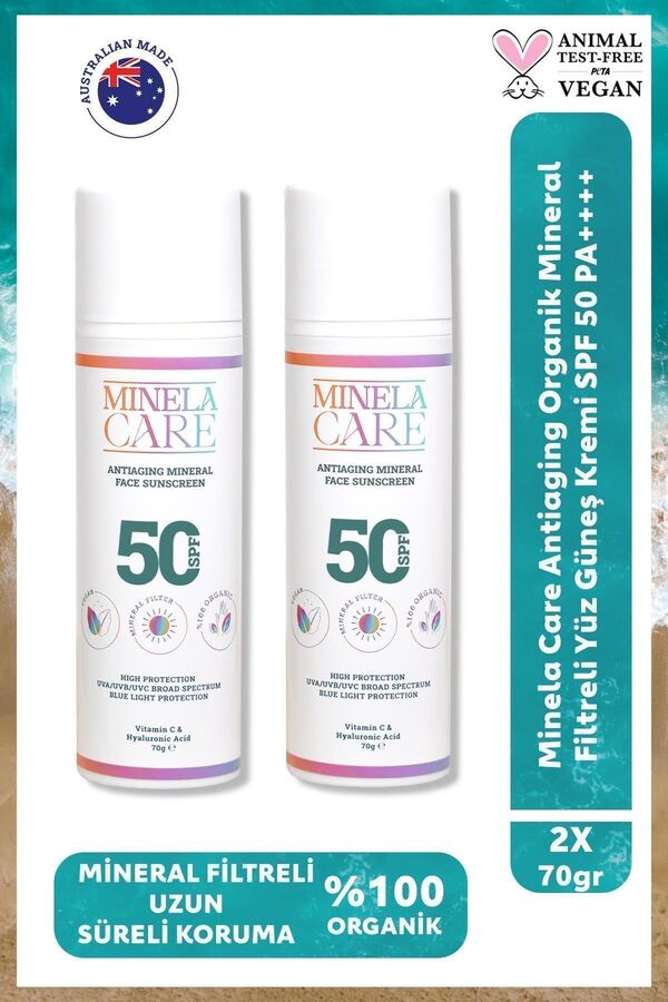 Minelacare 2'li Set: SPF 50+ Organik Mineral Anti-Aging Yaşlanma Karşıtı Yüz Güneş Kremi 2x70g