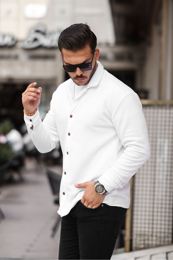 EKZMODA Men s White Oversize Thick Winter Fleece Shirt Trendyol