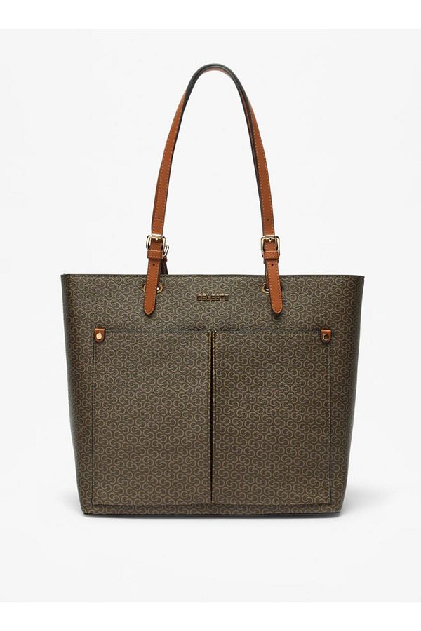 Celeste Monogram Print Tote Bag with Zip Closure and Double Straps Trendyol