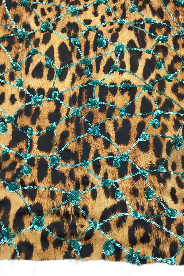 Yiğit Kumaş-Thin Satin Over Sequin Fabric Mint Sequin Over Leopard - Meter Product 100x135 Cm 1
