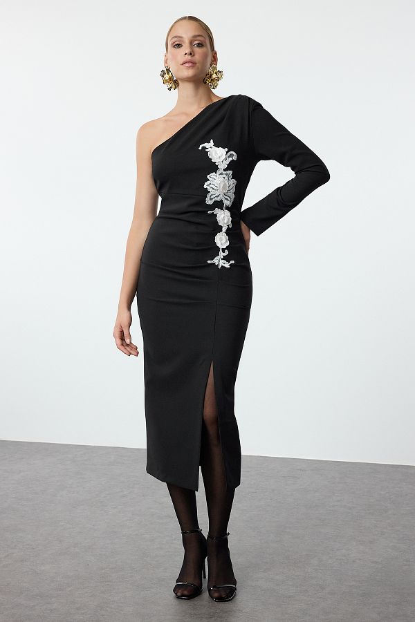 Trendyol Collection-Black One Sleeve Midi Evening Dress - Night Graduation Dress with Embroidery Details 1