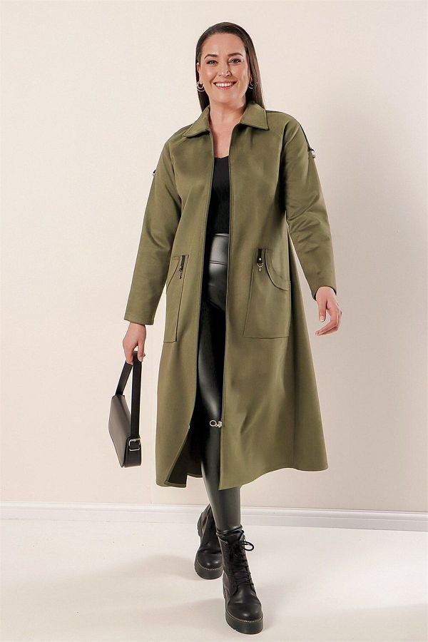 By Sayg Plus Size Suede Coat Khaki with Stripes on the Shoulders and Zippered Front Pockets Trendyol