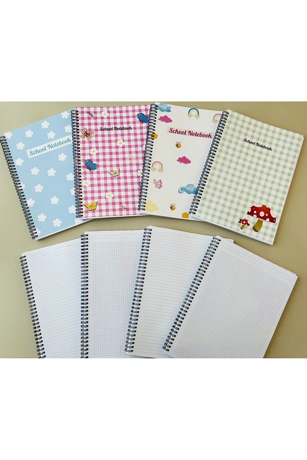 ADA OFİS KIRTASİYE-A4 Spiral School Notebook - 80 Sheets, 2 Squares and 2 Lines, Set of 4 1