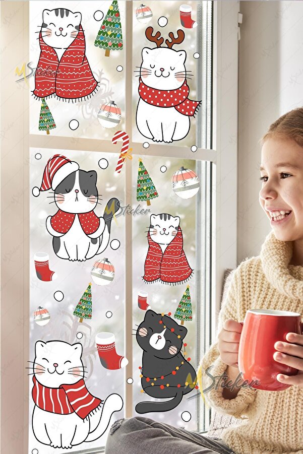 MSticker Yılbaşı Sevimli Kedileri Yeni Yıl Kedileri Cam Kapı Duvar Sticker Seti, Yılbaşı Süsü