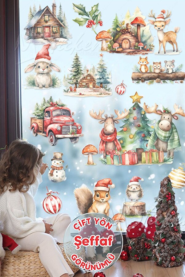 MSticker Ormanda Sevimli Hayvanlar Kış Sevinci, Yeni Yıl Yılbaşı Süsü Sticker Seti, ŞEFFAF ÇİFT YÖN GÖRÜNÜR