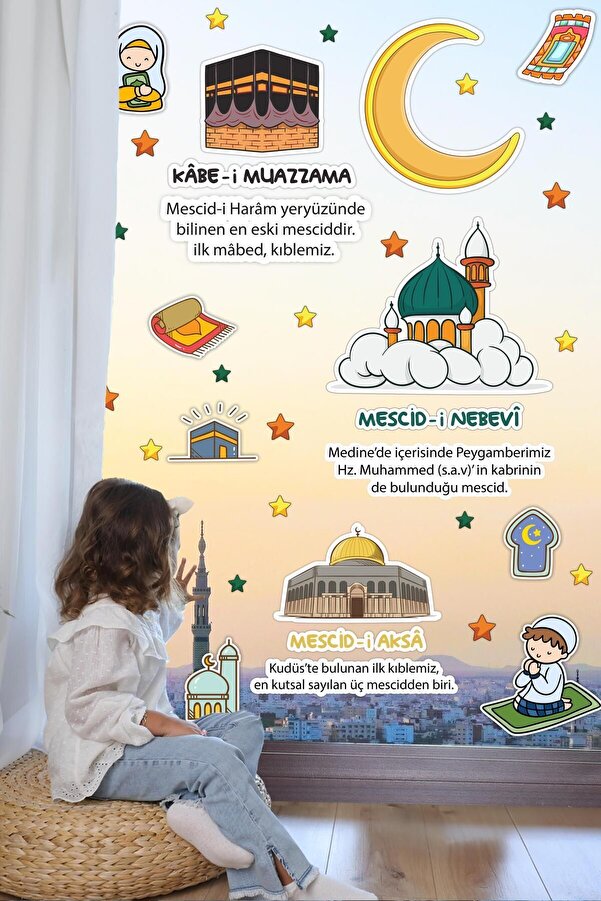 MSticker Mescid-i Aksa Mescid-i Nebevi Kabe-i Muazzama Ve Sevimli İslami Figürlerden Oluşan Eğitici Öğretici