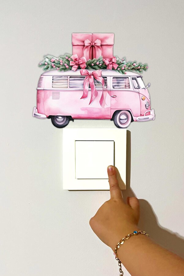 MSticker Yeni Yıl Vintage Pembe Minibüs Yılbaşı Kış Konseptli Sticker Yılbaşı Süsü Noel Kış Konseptli Priz