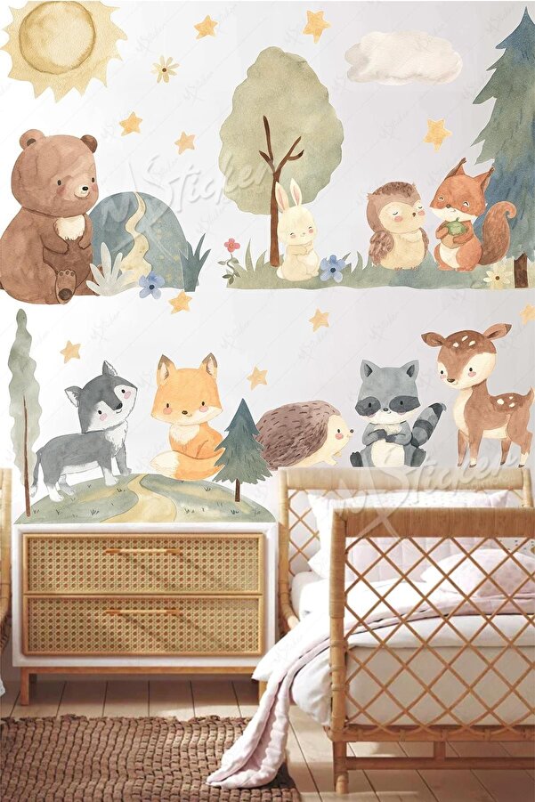MSticker Suluboya Renklerinde Ormanda Sevimli Hayvanlar Çocuk Bebek Odası Sticker Seti