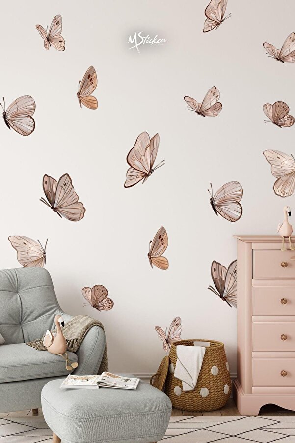 MSticker Soft Kahve Tonlarda Kelebekler Çocuk Bebek Odası Salon Duvar Cam Dolap Sticker Seti