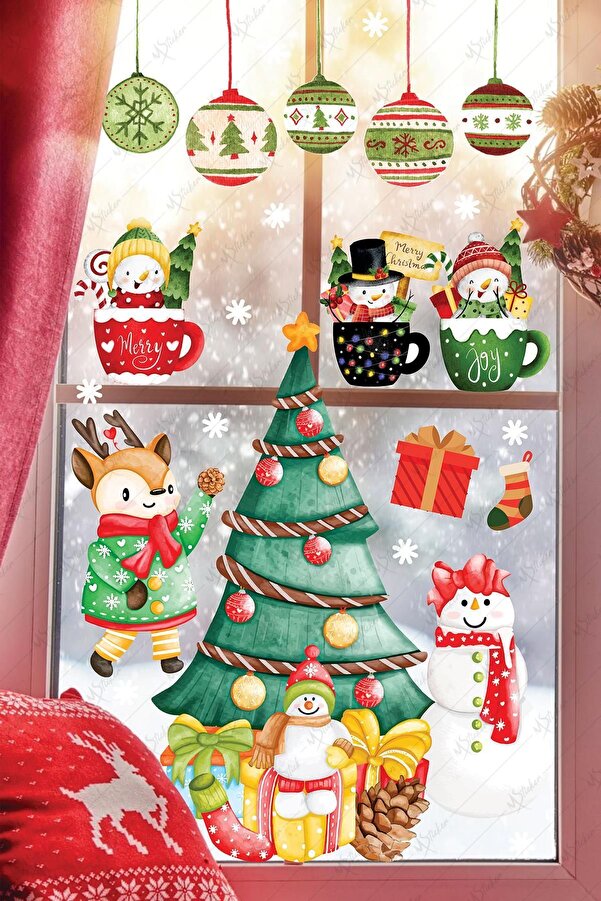 MSticker Yılbaşı Ağacı, Sarkıtlar Ve Sevimli Figürler Cam Duvar Sticker Seti, Yılbaşı Sticker Yılbaşı Süsü