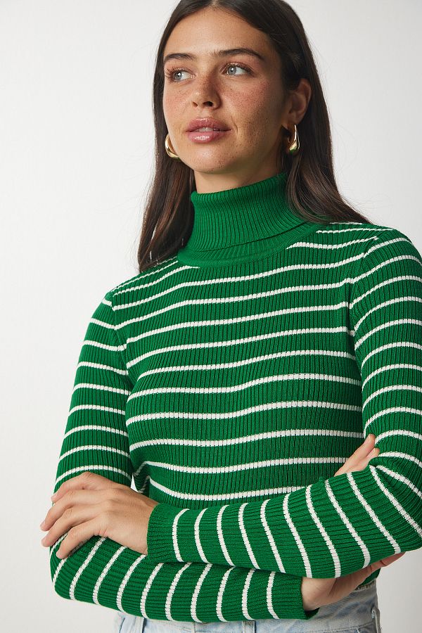 Green striped turtleneck sweater clearance