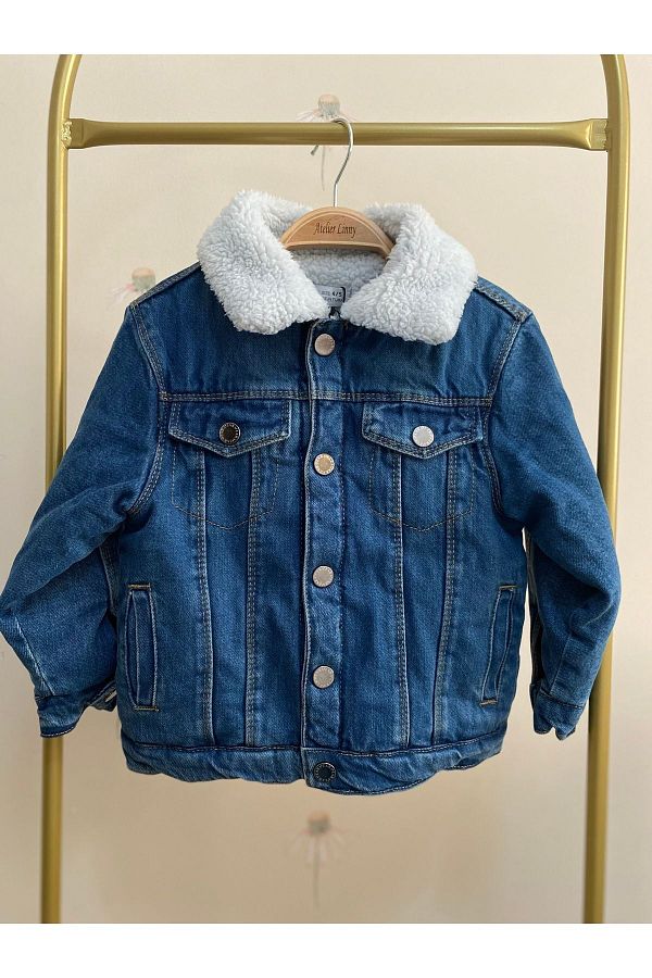 linys-White Woolen Denim Jacket with Mickey Mouse Print on the Back 1