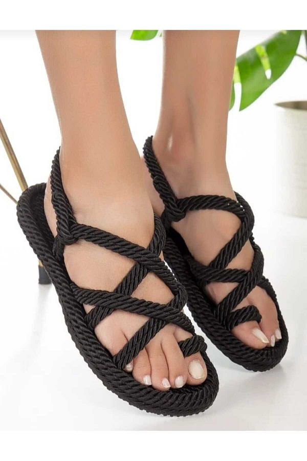 MERKEN Black Straw Unisex Sandals Rope String and Thin Sole Trendyol