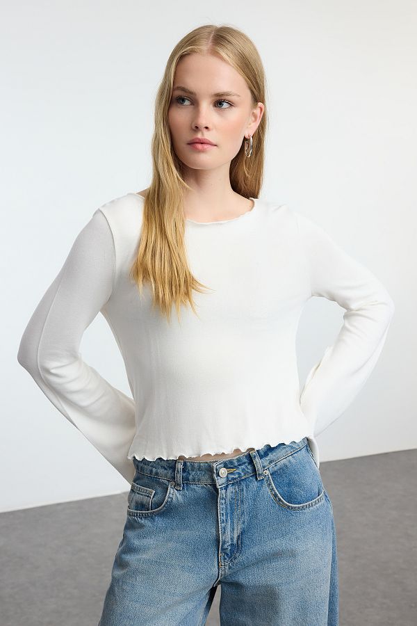 Trendyol Collection-Ecru Regular Fit Crop πλεκτή μπλούζα - Λαιμόκοψη TWOAW24BZ00156 1