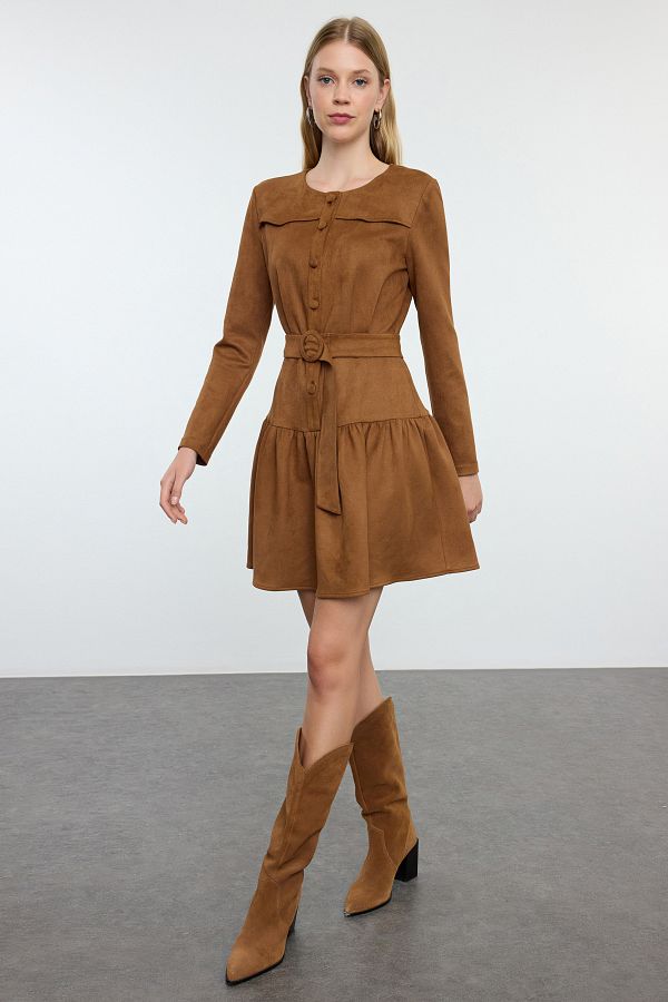 Trendyol Collection-Suede Mini Pleat Dress - Tan, Skater Style, Cu Fuste - TWOAW25EL00252 1