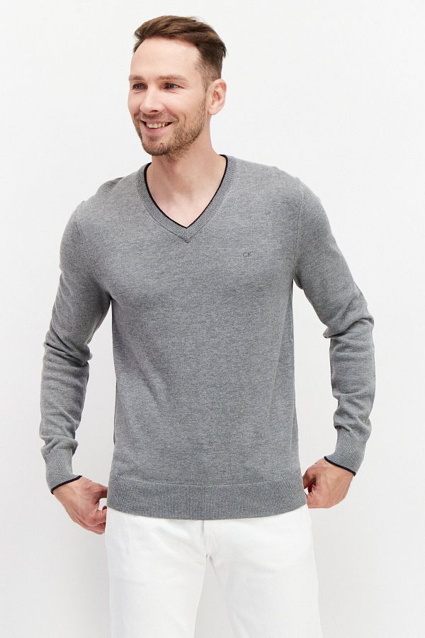 Calvin Klein Men V Neck Embroidered Logo Sweater Grey Trendyol