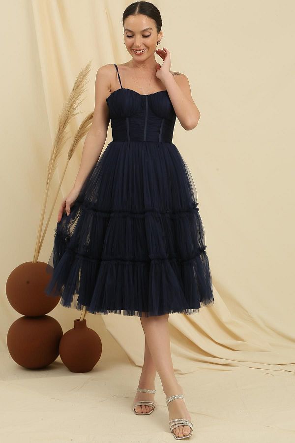 By Sayg Rope Strap Strapless Underwire Lined Jupon Tulle Layered Tulle Short Dress Trendyol