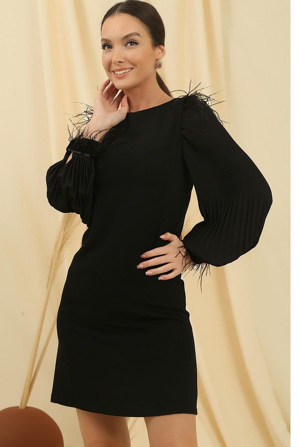 By Sayg Pleated Feather Detailed Chiffon Sleeve Lined Dress Trendyol