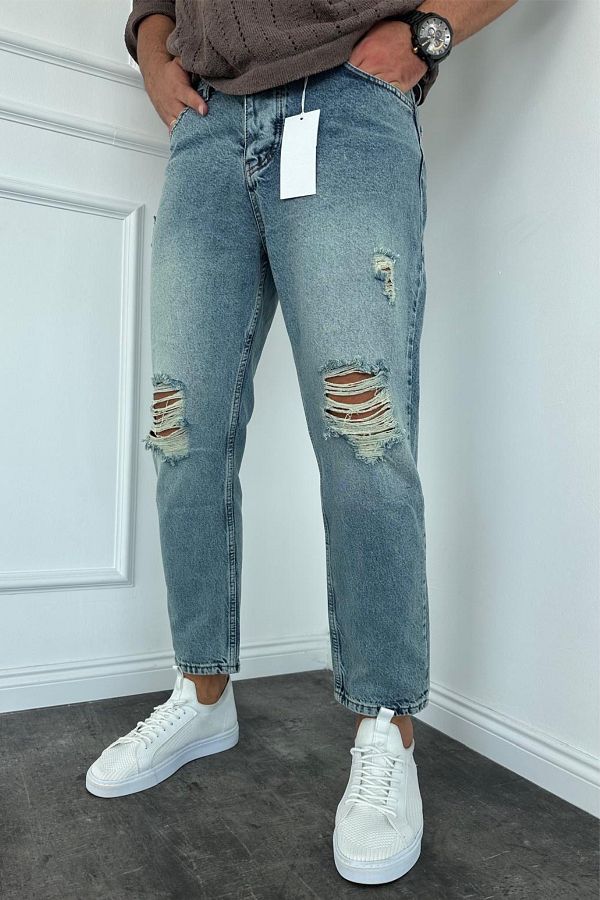 MADZEYMODA Men s Blue Denim Jeans with Ripped Detail New Season Boyfriend Pattern