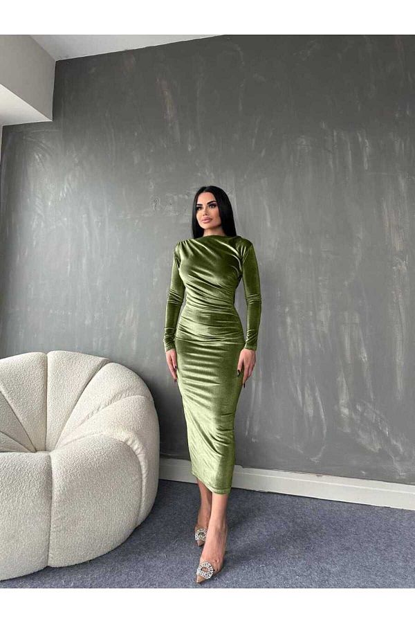 TAYT VEGAS FUL LYCRA VELVET DRESS KHAKI Trendyol