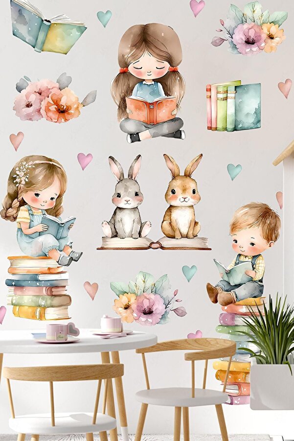 MSticker Kitap Okuyan Çocuklar Duvar Cam Sticker Seti, Çocuklar Tavşanlar ve Kalpler Sticker Seti