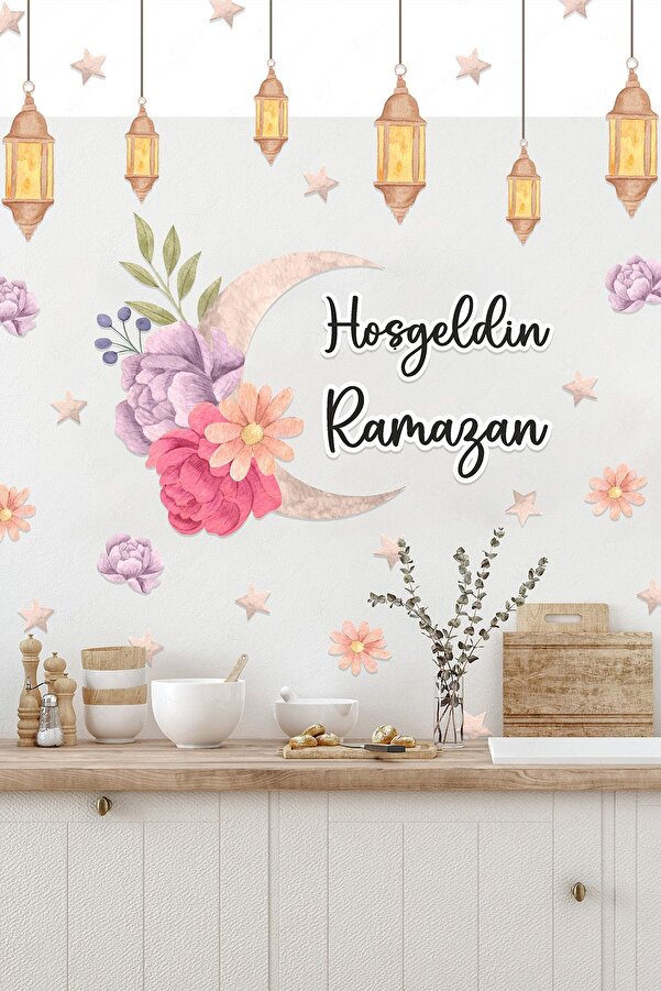 MSticker Hoşgeldin Ramazan Çiçekler Soft Renkli Fenerler Cam Duvar Sticker Seti Ramazan Süsü