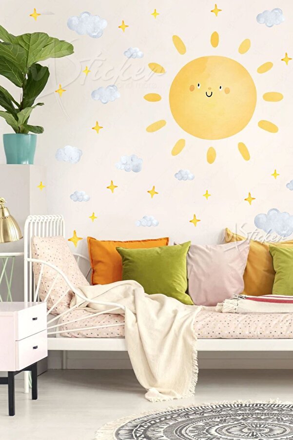 MSticker Sevimli Güneş Bulutlar ve Yıldızlar Soft Renklerde Çocuk Bebek Odası Sticker Seti