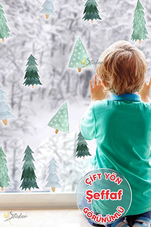 MSticker Yılbaşı Ağaçları Sticker Seti, Yılbaşı Yeni Yıl Çam Ağacı Sticker Seti - Şeffaf Çift Yön Görünümlü