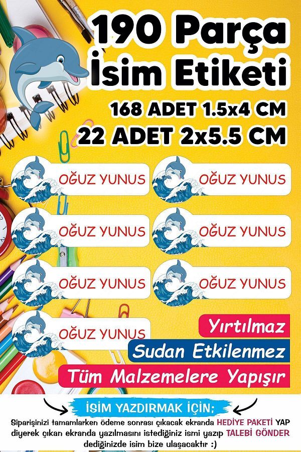 MSticker-Autocolant pentru școală, stilou, caiet, autocolant cu tematică delfin, cu nume personalizat, care poate fi scris - 190 de bucăți 1