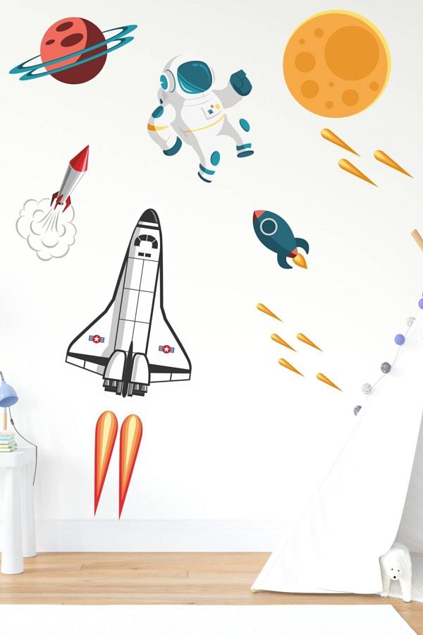 MSticker-مجموعة ملصقات رائد فضاء لطيف، مكوك الفضاء، كوكب لغرفة الأطفال 1