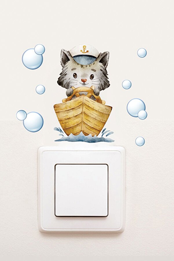 MSticker Çocuk Odası Duvar Priz Sticker Mini Boy Sticker - Tüm Yüzeylere Yapışan Mini Sticker Kaptan Kedi