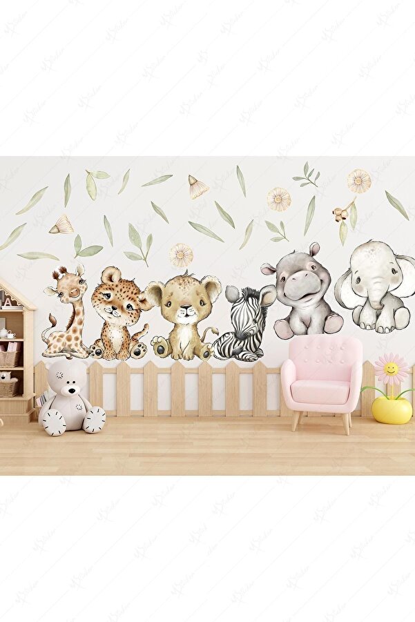 MSticker Sevimli Safari Hayvanları Ve Yeşil Yapraklar Çocuk Bebek Odası Cam Duvar Sticker Seti