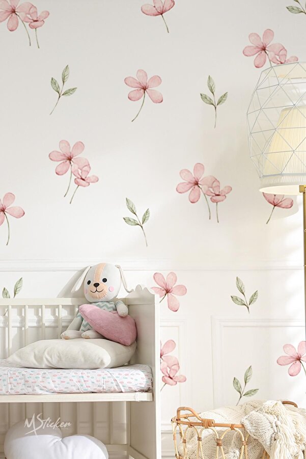 MSticker Pembe Çayır ve Kır Çiçekleri Yapraklar Sticker Seti, Çocuk Bebek Odası Çiçek Sticker Seti