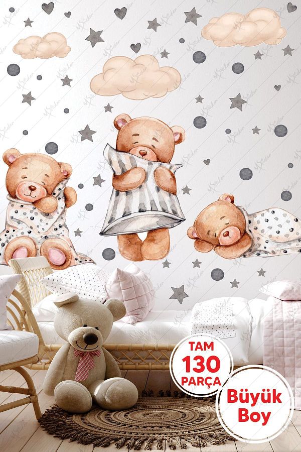 MSticker-Set of 3 Sleeping Teddy Bears Clouds and Stars Children's Baby Room Sticker 1