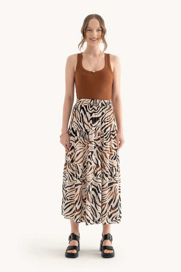 Hiccup-Zebra Pattern High Waist Elastic Waist Maxi Skirt 1