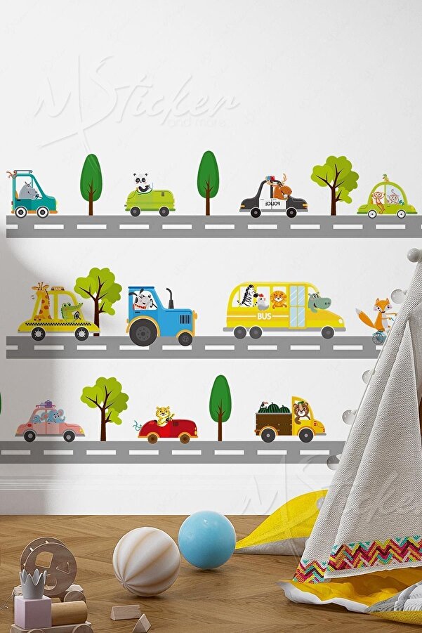 MSticker Şehirde Trafik Arabalar Yol Şerit Ağaçlar Çocuk Odası Cam Duvar Sticker Seti