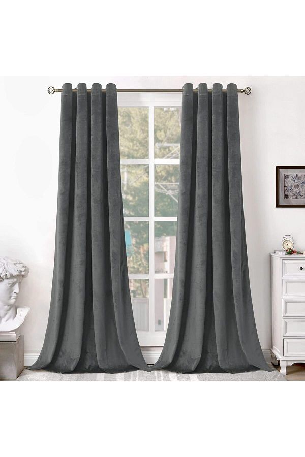Pyramid Home-Anthracite gray Velvet Textured Soft Rustic Eyelet Background Curtain 1