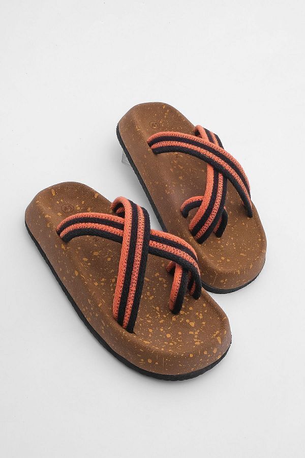 Marjin Men s Cork Sole Patterned Cotton Rope Flip Flops Cross Band Daily Slippers Sediv Orange Trendyol