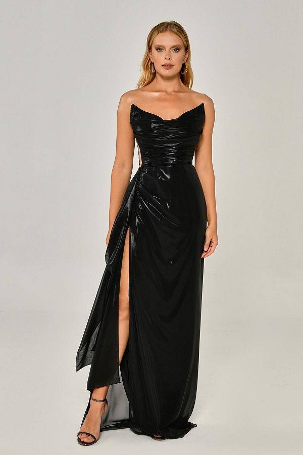 ALFABETA Black Shiny Evening Dress Side Slit and Slim Fit Homecoming Dress Ab6081 black Trendyol