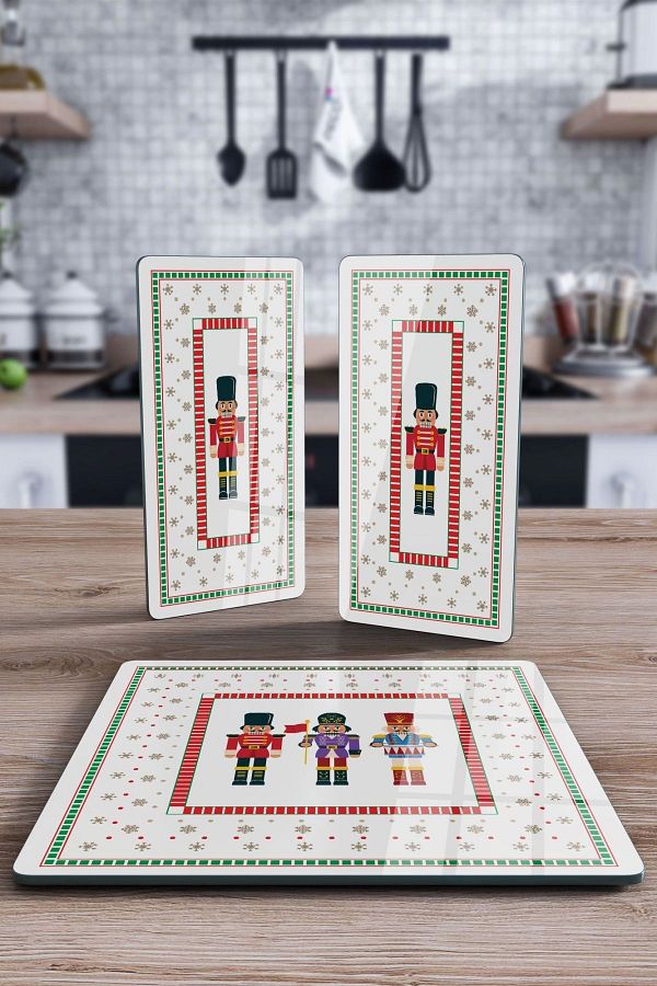 Decovetro-New Year's Nutcracker Patterned - Set of 3 Square Glass Presentation Serving Plate 1